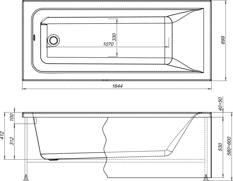 Акриловая ванна STWORKI Стокгольм 165x70 см, встраиваемая, белая, с каркасом