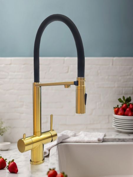 Смеситель для кухни с гибким изливом AltroBagno Flusso 050202 OrSp матовое золото 