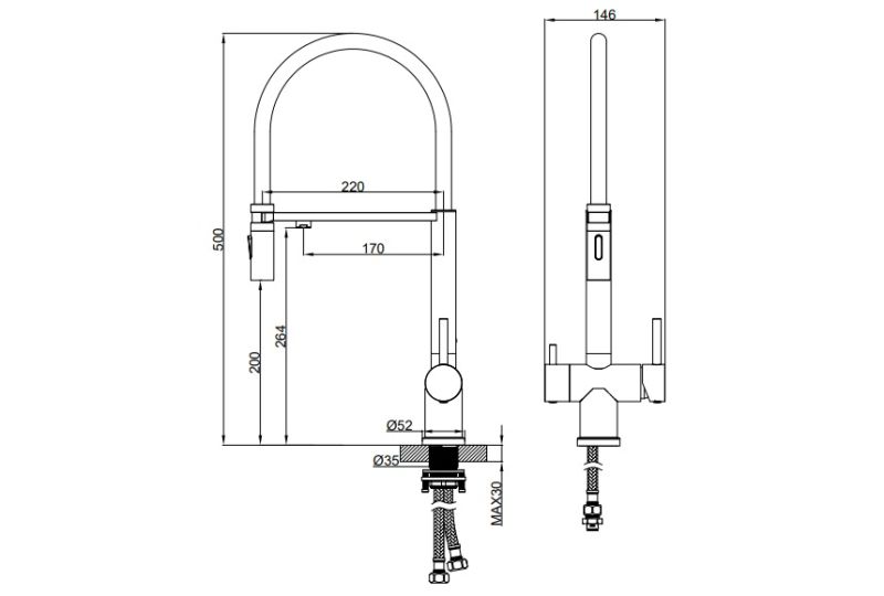 Смеситель для кухни с гибким изливом AltroBagno Flusso 050205 Or  золото