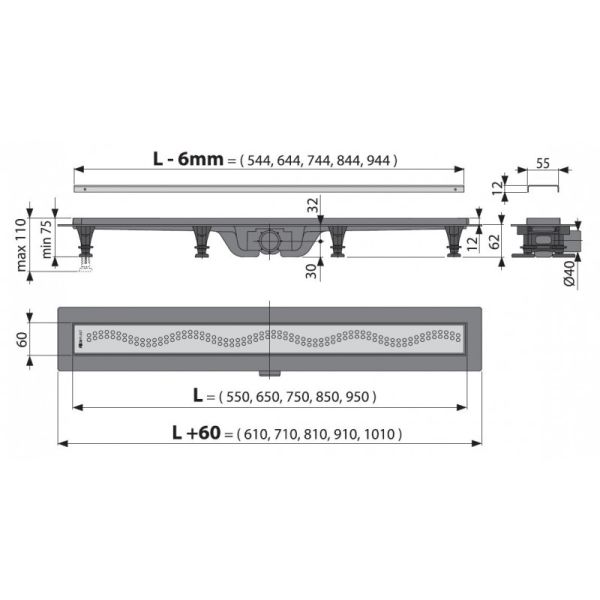 Душевой лоток APZ9-550M Simple с решеткой и опорами AlcaPlast
