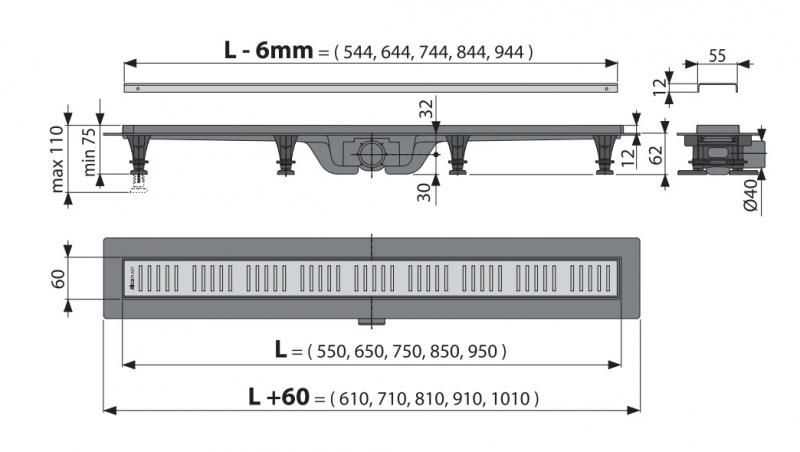 Душевой лоток AlcaPlast Simple с решеткой и опорами APZ10-750M