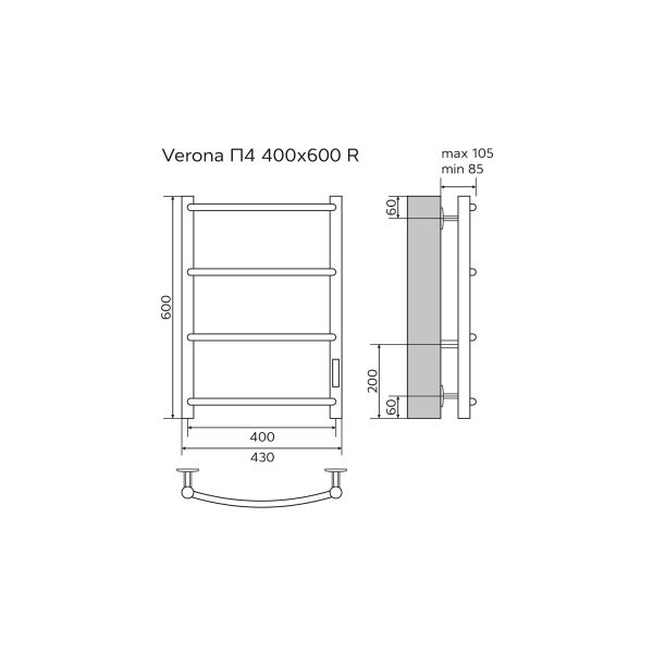 Полотенцесушитель электрический AZARIO VERONA AZ04846 400/600 4 секции, тен справа, хром Полотенцесушитель электрический AZARIO VERONA AZ04846 400/600 4 секции, тен справа, хром