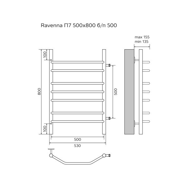 Полотенцесушитель водяной AZARIO RAVENNA AZ07558 500/800 7 секций, боковое подключение, 1, хром Полотенцесушитель водяной AZARIO RAVENNA AZ07558 500/800 7 секций, боковое подключение, 1, хром