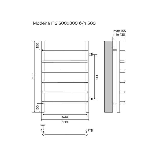 Полотенцесушитель водяной AZARIO MODENA AZ08558 500/800 6 секций, боковое подключение, 1, хром Полотенцесушитель водяной AZARIO MODENA AZ08558 500/800 6 секций, боковое подключение, 1, хром