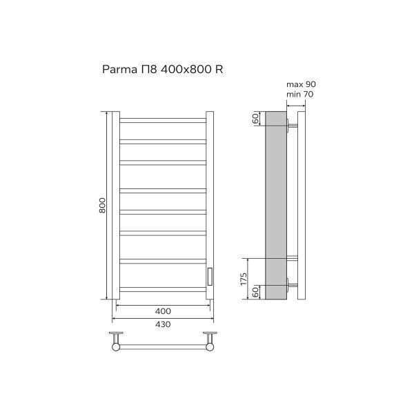 Полотенцесушитель электрический AZARIO PARMA AZ10848W 400/800 8 секций, тен справа, белый