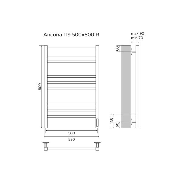 Полотенцесушитель электрический AZARIO ANCONA AZ71858W  500/800 квадрат, 9 секций, тен справа, белый