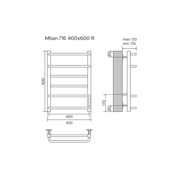 Полотенцесушитель электрический AZARIO MILAN AZ90846B 400/600 6 секций, диммер справа, черный Полотенцесушитель электрический AZARIO MILAN AZ90846B 400/600 6 секций, диммер справа, черный