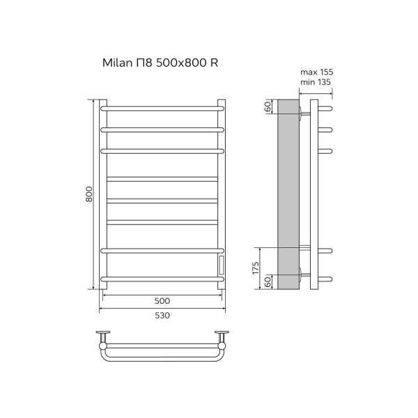 Полотенцесушитель электрический AZARIO MILAN AZ90858 500/800 8 секций, тен справа, хром Полотенцесушитель электрический AZARIO MILAN AZ90858 500/800 8 секций, тен справа, хром