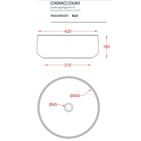 Раковина ArtCeram Cognac COL001 05 00 белая 42 см