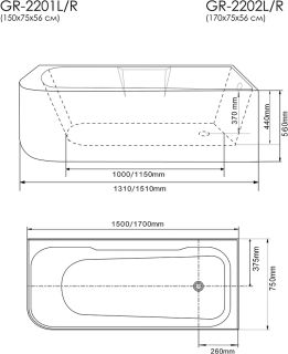 Акриловая ванна Grossman 170x75см правая GR-2202R