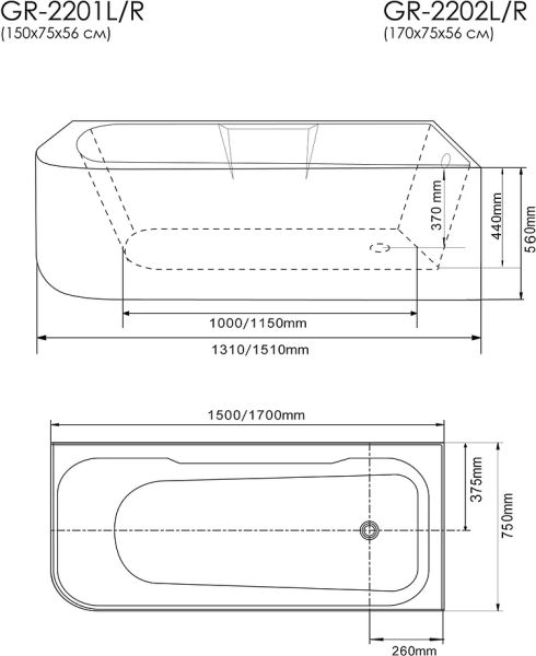 Акриловая ванна Grossman 170x75см правая GR-2202R