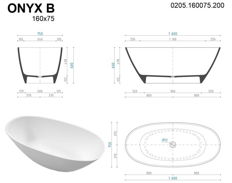 Ванна из искусственного камня Whitecross Onyx B 0205.160075.200 160x75см белый матовый