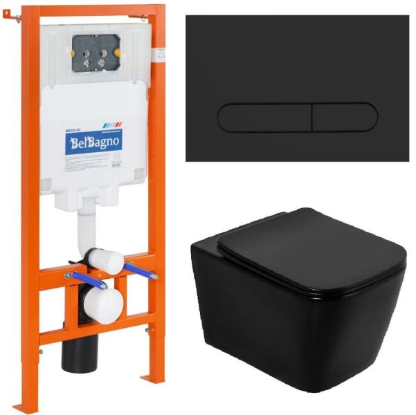 Комплект 4 в 1 BelBagno BB3202CHR-MB/BB3202SC-MB/BB002-80/BB007-PR-NERO.M унитаз подвесной ARDENTE-C BB3202CHR-MB с сиденьем BB3202SC-MB система инсталляции для унитазов BB002-80 с кнопкой смыва BB007-PR-NERO.M