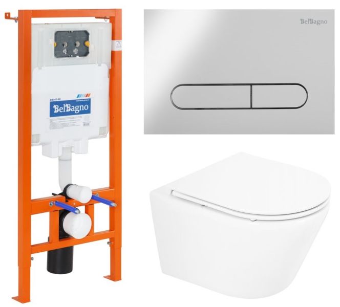 Комплект 3 в 1 BelBagno BB8001CHR/SC/BB002-80/BB005-PR-CHROME унитаз подвесной с сиденьем TRE BB8001CHR/SC система инсталляции для унитазов  BB002-80  с кнопкой смыва BB005-PR-CH