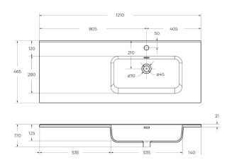 Раковина керамическая BelBagno, чаша справа, BB1200ETL-R, 1210x460x175 белый