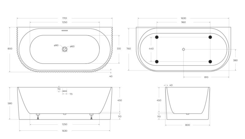 Акриловая ванна BELBAGNO BB713-1700-800