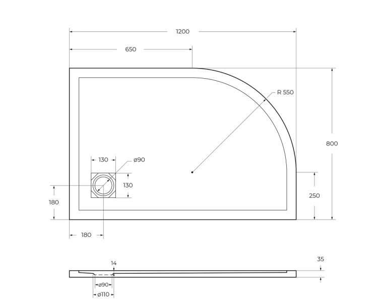 Душевой поддон BelBagno UNO TRAY-MR-UNO-RH-120/80-550-35-W-R-BO из искусственного мрамора в комплекте с сифоном