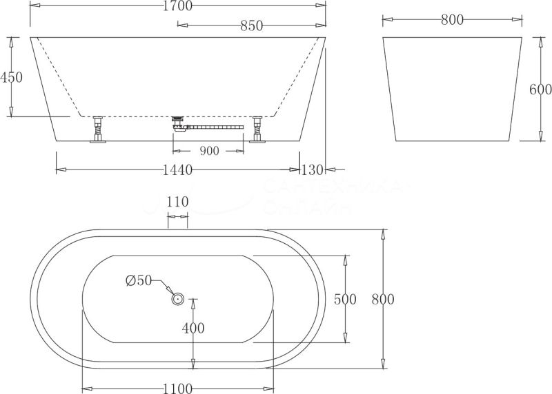 Акриловая ванна BelBagno BB71-1700-W0 170x80 см, отдельностоящая, овальная, с ножками, с донным клапаном