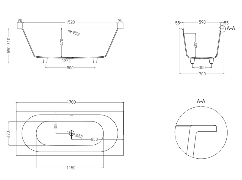 Ванна из искусственного камня Salini Ornella Axis S-Sense 104613MRF 170x70см RAL полностью