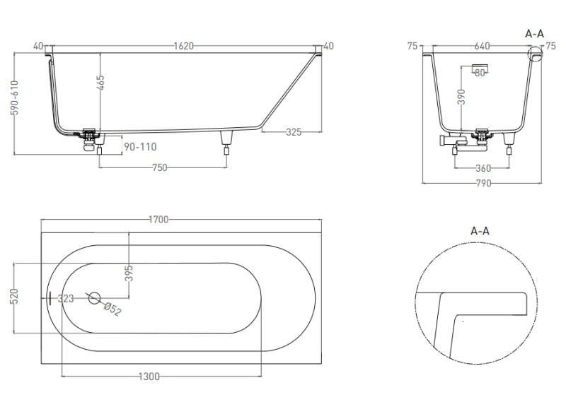 Ванна из искусственного камня Salini Ornella Kit S-Sense 102414GRF 170x80см RAL полностью