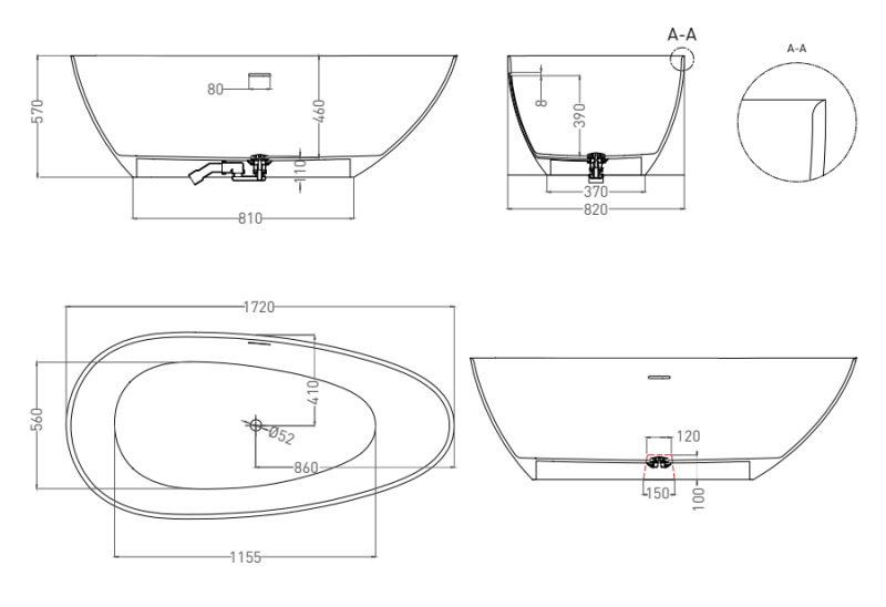 Ванна из искусственного камня Salini Paola In S-Stone 101612SMRF 172x82см RAL полностью