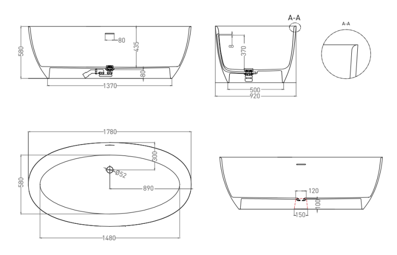 Ванна из искусственного камня Salini Alda S-Sense 101911GRF 178x92см RAL полностью