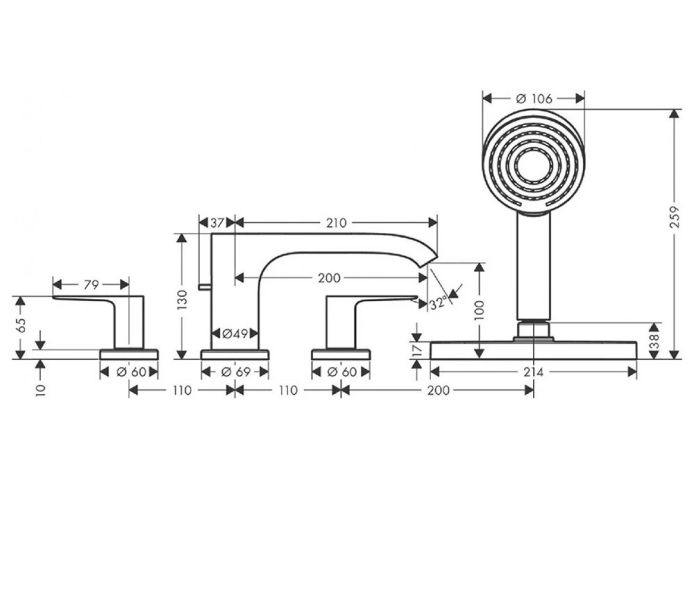 Смеситель Hansgrohe Vivenis 75444000 на борт ванны