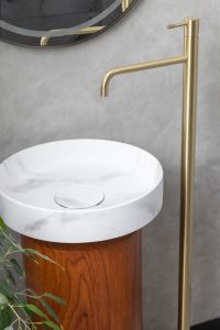 Накладная раковина с пьедесталом золото Armadi Art Sole Corian 801-CLCT+801-Base-Rwood Calacatta/красное дерево