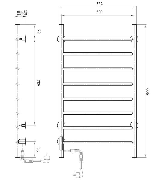 Полотенцесушитель электрический Domoterm Аврора DMT 109-8 50x90 EKTD L хром
