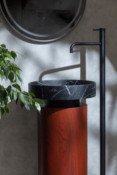 Накладная раковина с пьедесталом золото Armadi Art Sole Corian 801-NM+801-Base-Rwood Nero Marquina/красное дерево