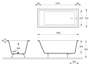 Ванна чугунная Vinsent Veron Square VSQ1707045H 140x70см с отверстиями для ручек