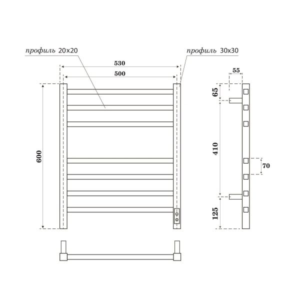 Полотенцесушитель электрический Point Вега PN71856GB П7 500x600, диммер справа графит блеск