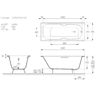 Ванна чугунная Vinsent Veron Concept VCO1407042H/VH0015GD  с дугообразными золотыми  ручками 140х70 см