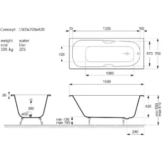 Ванна чугунная Vinsent Veron Concept VCO1507042H/VH0015GD  с дугообразными золотыми  ручками 150х70 см