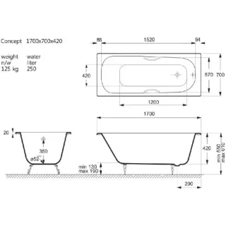 Ванна чугунная Vinsent Veron Concept VCO1707042H/VH0015CH-AS с дугообразными ручками хром 170х70 см