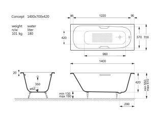 Ванна чугунная Vinsent Veron Concept VCO1407042H/VH0012CH-AS с ручками хром 140х70 см