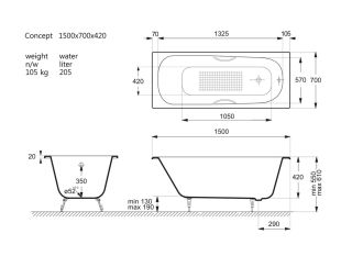 Ванна чугунная Vinsent Veron Concept VCO1507042H/VH0015MGD-AS с дугообразными матовыми золотыми ручками 150х70 см
