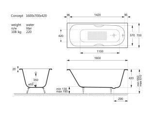 Ванна чугунная Vinsent Veron Concept VCO1607042H/VH0015NI-AS с ручками никель 160х70 см