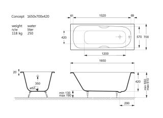 Ванна чугунная Vinsent Veron Concept VCO1657042H/VH0015GM с дугообразными ручками оружейная сталь 165х70 см