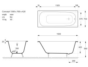 Ванна чугунная Vinsent Veron Concept VCO1507042H 150x70см с отверстиями для ручек