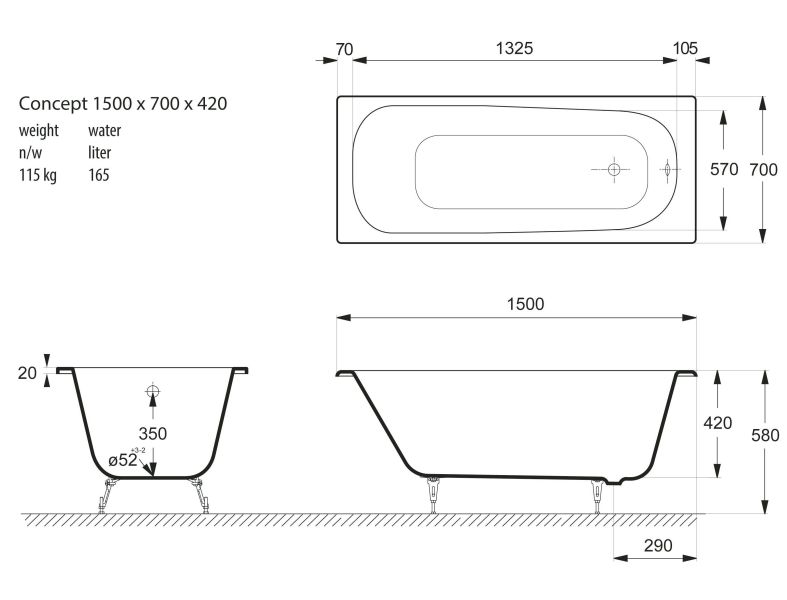 Ванна чугунная Vinsent Veron Concept VCO1507042H 150x70см с отверстиями для ручек