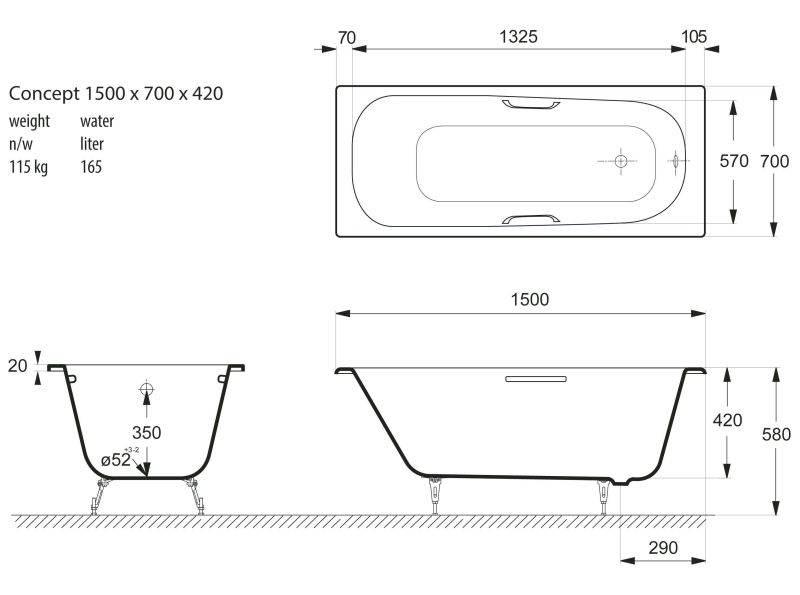 Ванна чугунная Vinsent Veron Concept VCO1507042H 150x70см с отверстиями для ручек
