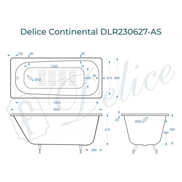 Ванна чугунная Delice Continental DLR230627-AS 180х80 с антискользящим покрытием