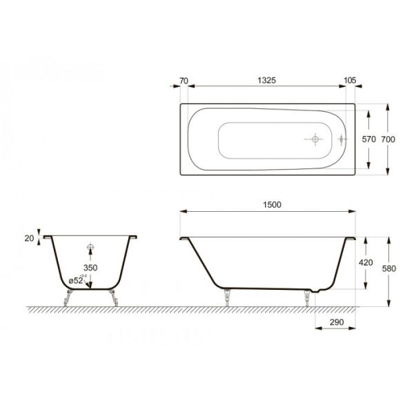 Ванна чугунная Delice Continental DLR230612-AS 150x70 с антискользящим покрытием