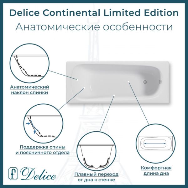 Ванна чугунная Delice Continental Limited Edition DLR230644R-AS 165х70 с отверстиями под ручки и антискользящим покрытием Ванна чугунная Delice Continental Limited Edition DLR230644R-AS 165х70 с отверстиями под ручки и антискользящим покрытием