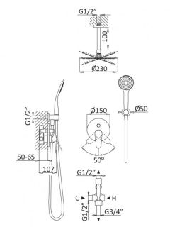 Душевая система с девиатором для верхнего и ручного душа, верхний душ из потолка, сатин Cezares CZR-B-DSIS-ST