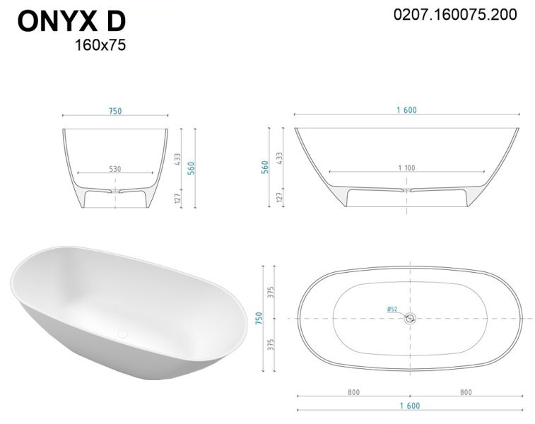Ванна из искусственного камня Whitecross Onyx D 0207.160075.200 160x75см белый матовый