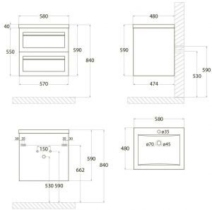 Подвесная тумба под раковину Art&Max Platino 58см белый матовый AM-Platino-580-2C-SO-BM