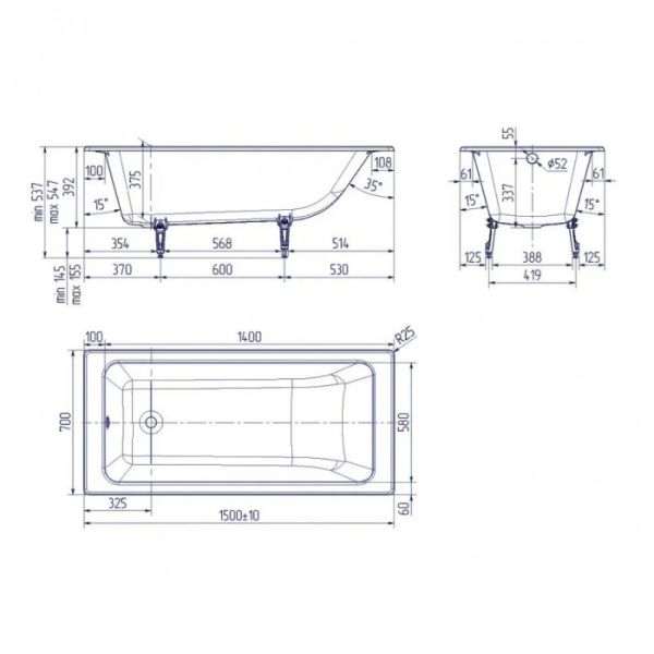 Ванна чугунная Delice Parallel DLR220503RB-AS 150х70 с черными матовыми ручками