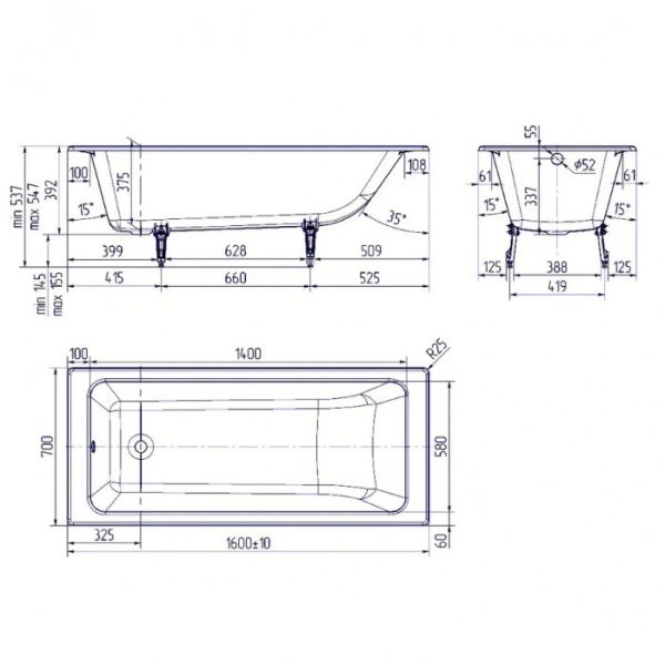 Ванна чугунная Delice Parallel  DLR220504RB 160х70 с черными матовыми ручками